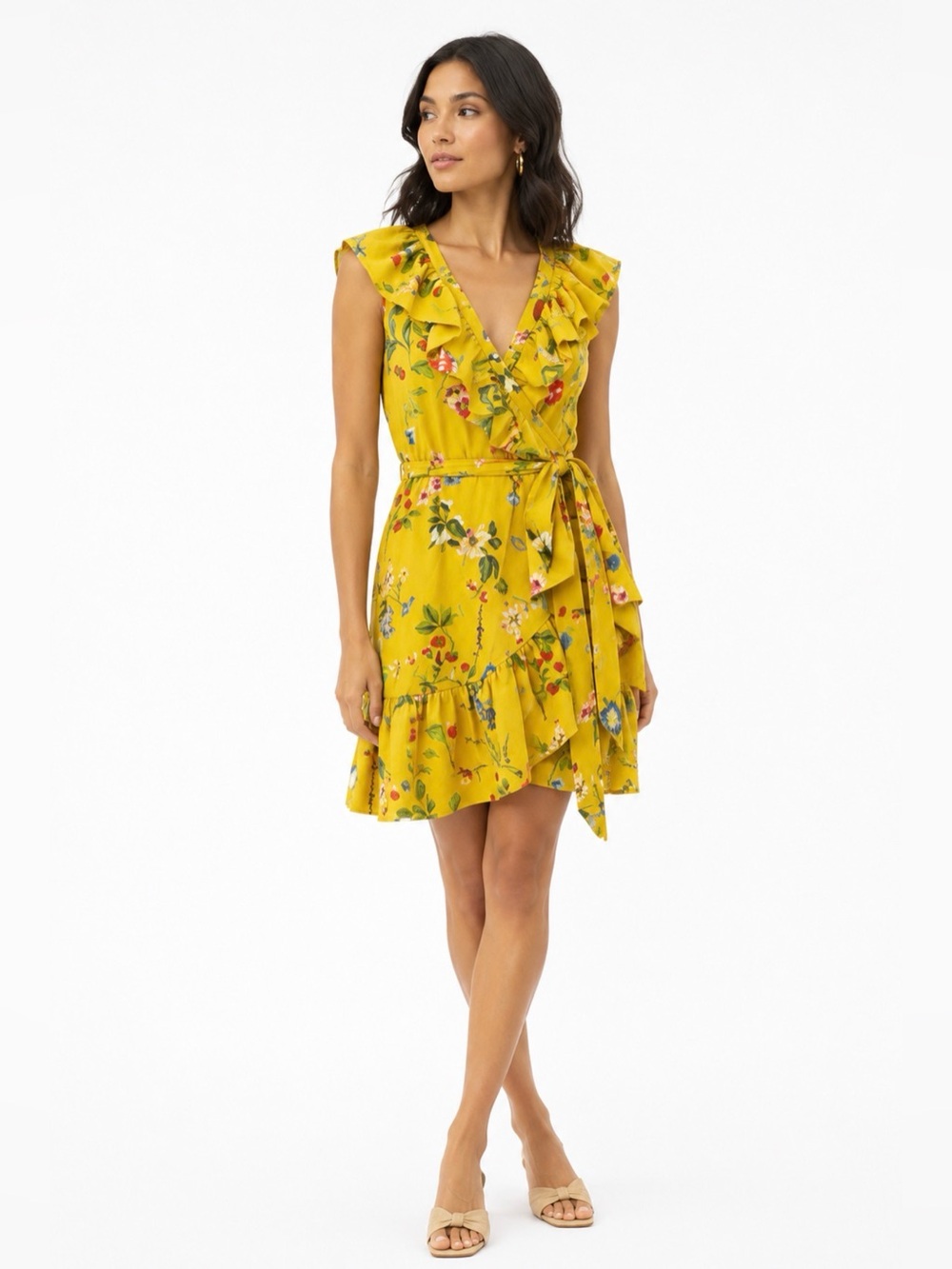 Maeve Strawberries & Floral Yellow Wrap Dress